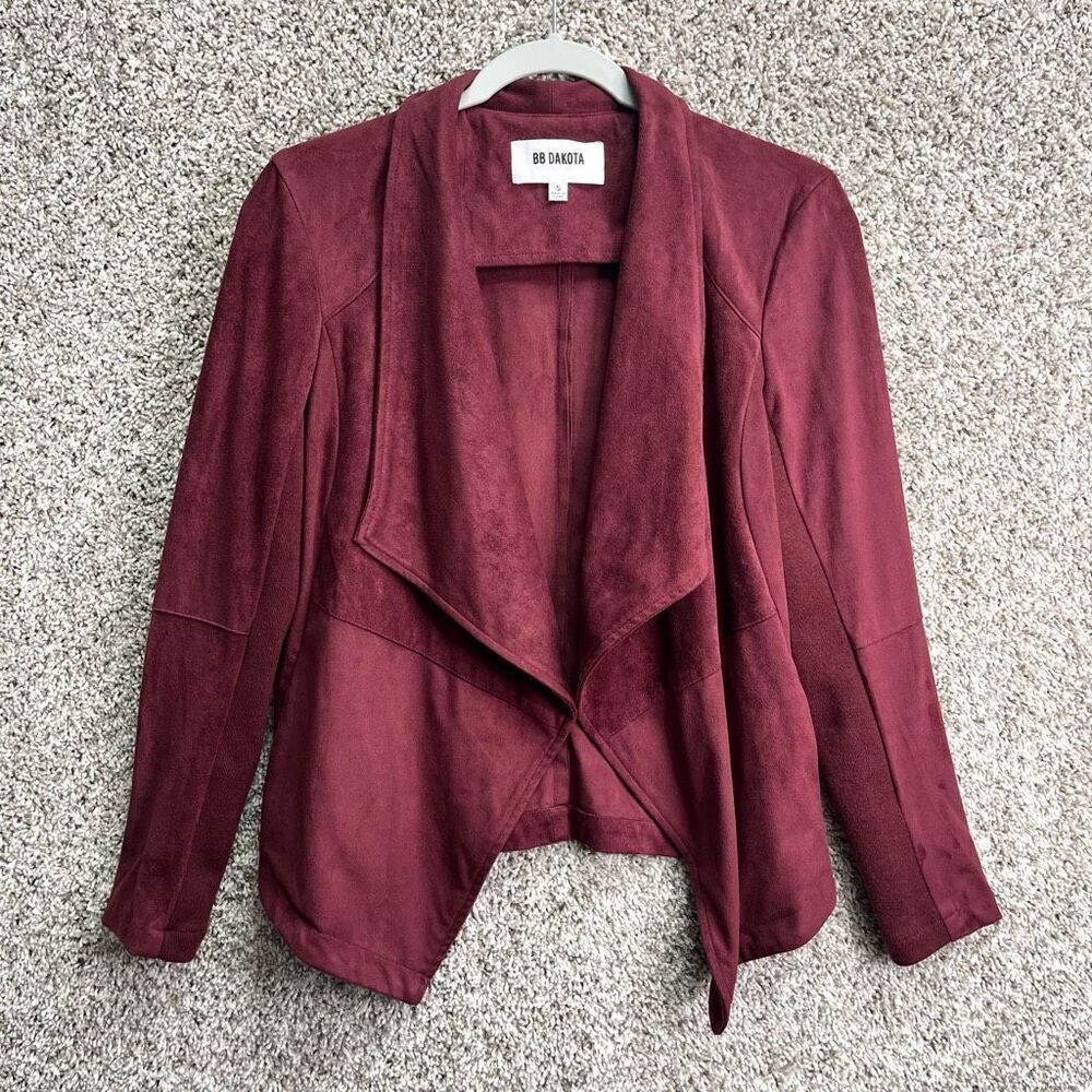 BB Dakota Jacket Women’s Small Dark Red Faux‎ Suede Open Waterfall Front